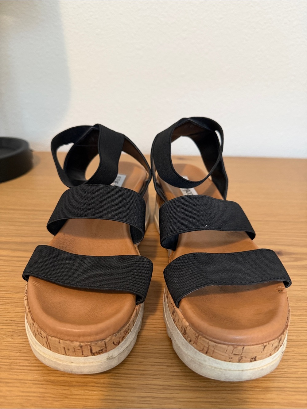 Steve Madden Black Elastic Strap Cork Platform Sandals